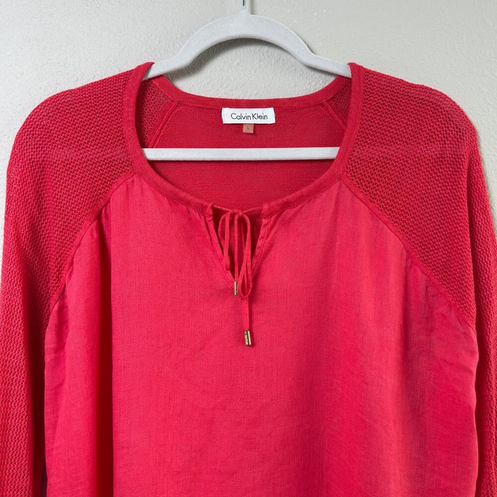 Calvin Klein Top Womens L Pink Linen Viscose 3/4 Sleeve Mixed Media Mesh Tassels - Picture 2 of 10